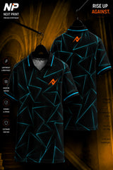 Front and back view of a black and electric blue geometric polo sports jersey with futuristic line graphics and premium dry-fit fabric.