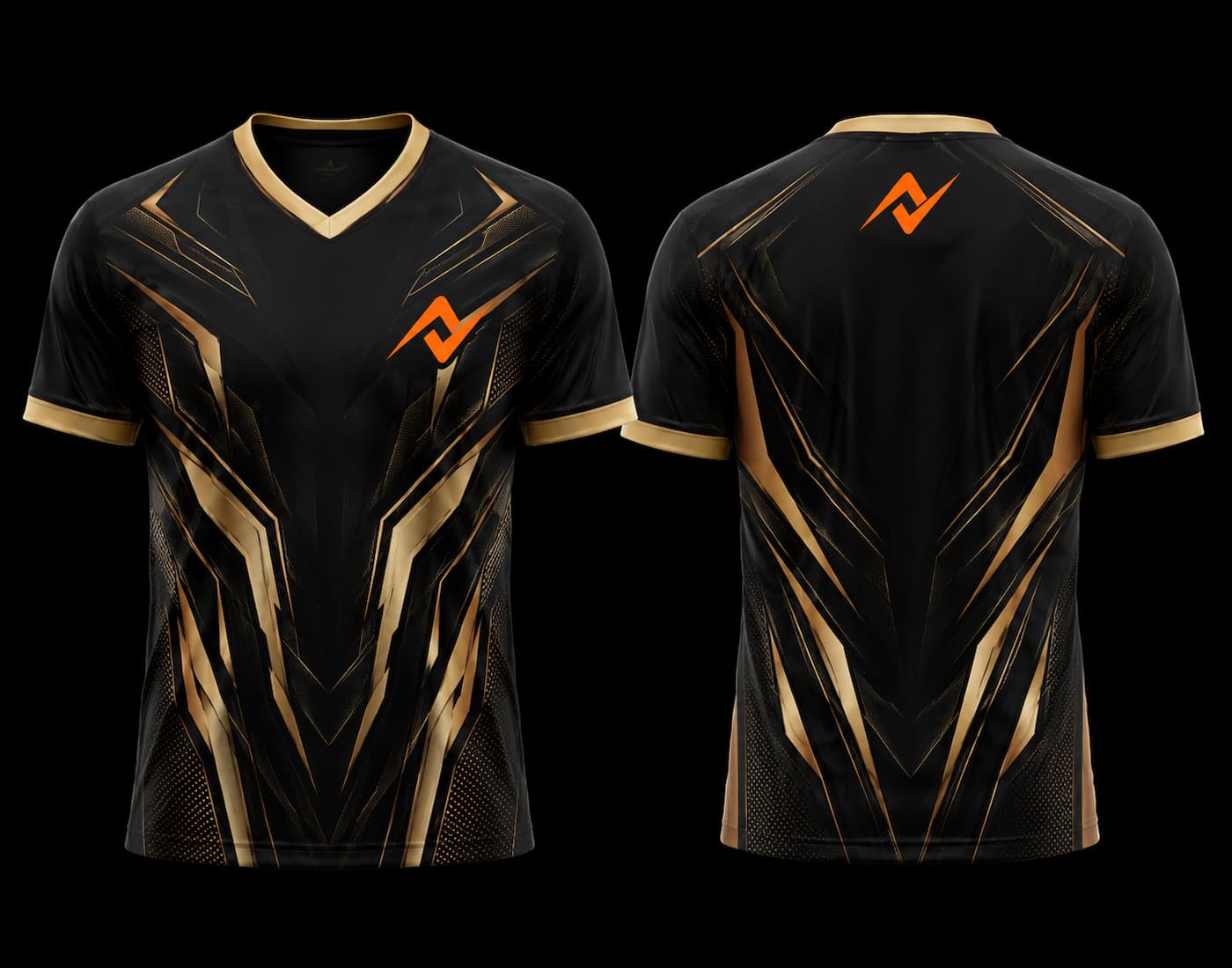 Black and gold V-neck esports jersey featuring futuristic geometric graphics with custom logo placement on the chest and upper back.