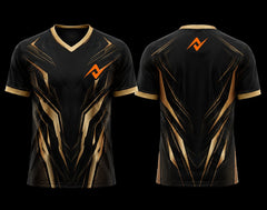 Black and gold V-neck esports jersey featuring futuristic geometric graphics with custom logo placement on the chest and upper back.