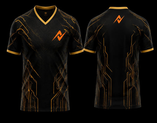 Front and back view of a black and gold V-neck esports jersey featuring futuristic circuit graphics with an orange logo on the chest and below the back neckline.