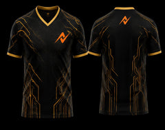 Front and back view of a black and gold V-neck esports jersey featuring futuristic circuit graphics with an orange logo on the chest and below the back neckline.