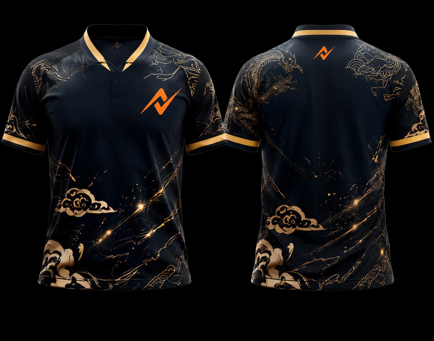 Black and Gold Dragon K-Pop Esports Jersey front and back view with Chinese collar and premium dragon artwork