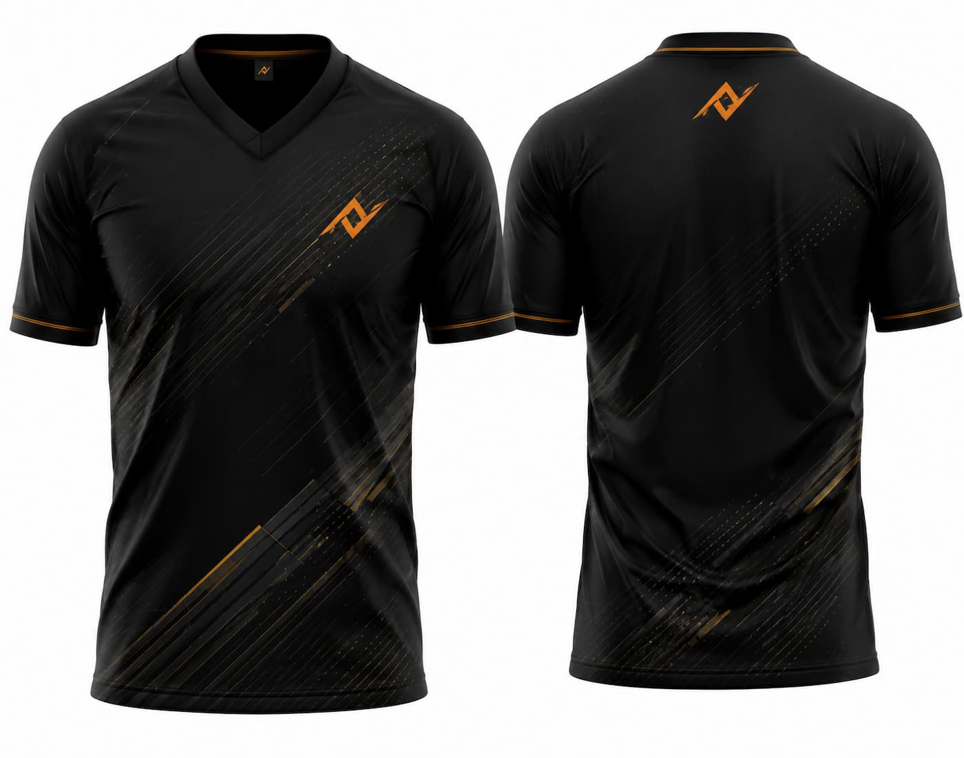 Front and back view of a black and gold V-neck cricket jersey featuring elegant diagonal geometric graphics with custom logo placement on the chest and below the back neckline.