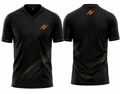 Front and back view of a black and gold V-neck cricket jersey featuring elegant diagonal geometric graphics with custom logo placement on the chest and below the back neckline.