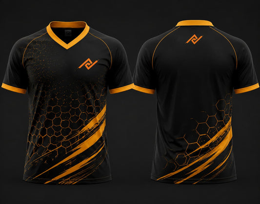 Front and back view of a black and gold V-neck cricket jersey featuring honeycomb graphics, gold brush-stroke accents, and an orange logo on the chest and below the back neckline.