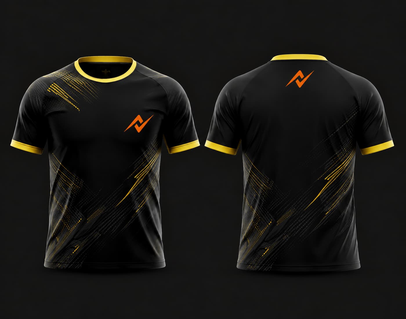 Front and back view of a black and gold round neck cricket jersey featuring premium gold accent graphics with an orange chest logo, customizable for cricket teams.