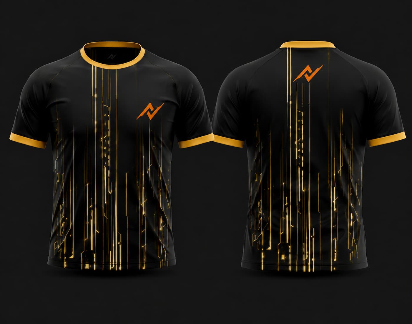 Front and back view of a black and gold round neck cricket jersey featuring futuristic vertical tech-line graphics with orange chest and back logos.