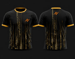 Front and back view of a black and gold round neck cricket jersey featuring futuristic vertical tech-line graphics with orange chest and back logos.