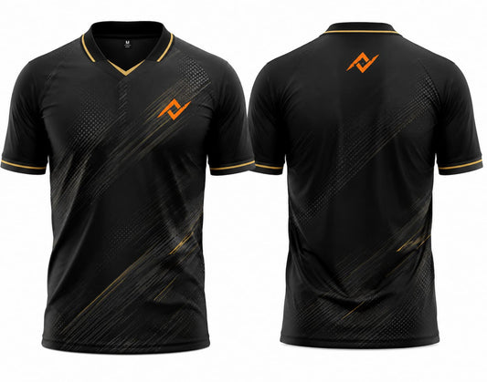 Front and back view of a black and gold V-neck cricket jersey featuring subtle brushstroke graphics, gold trim, an orange chest logo, and a matching logo below the back neckline.