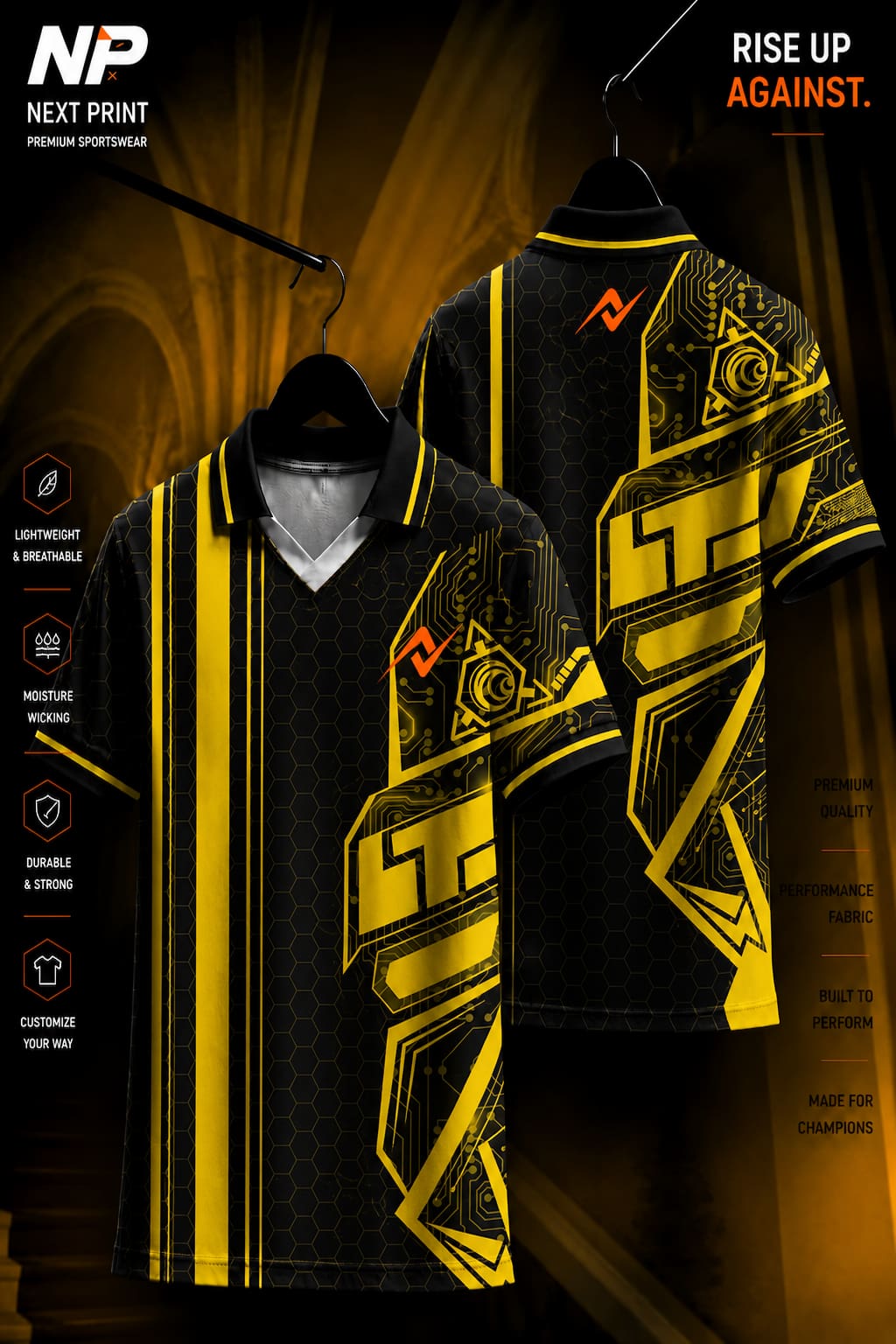 Front and back view of a black and gold tech circuit polo sports jersey with geometric graphics and premium dry-fit performance fabric.
