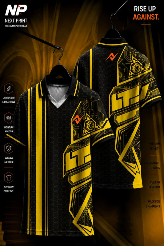 Front and back view of a black and gold tech circuit polo sports jersey with geometric graphics and premium dry-fit performance fabric.