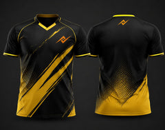 Black and gold custom V-neck cricket jersey with bold diagonal brush-stroke graphics, premium sublimation print, logo on the chest and below the back neck, shown in front and back view.
