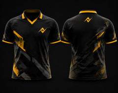 Black and gold V-neck polo collar esports jersey featuring modern geometric brushstroke graphics with front and back views for custom gaming teams.