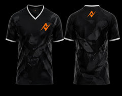 Front and back view of a black and graphite V-neck esports jersey featuring subtle camouflage graphics with an orange logo on the chest and below the back neckline.
