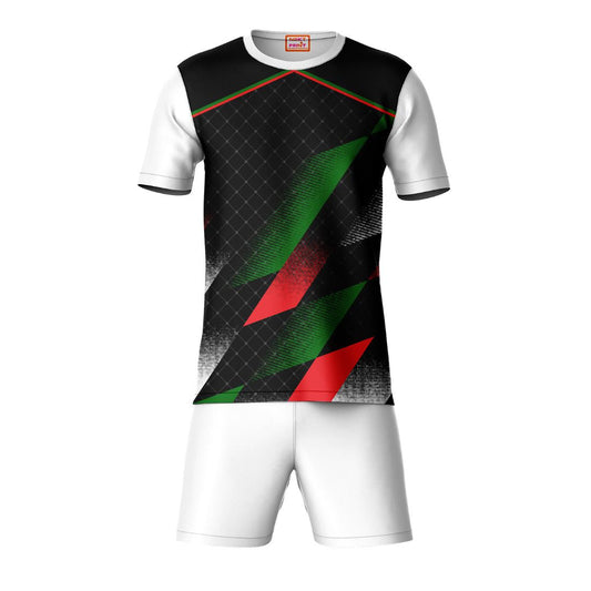 Black green geometric pattern sports t-shirt with white shorts co-ord set front view