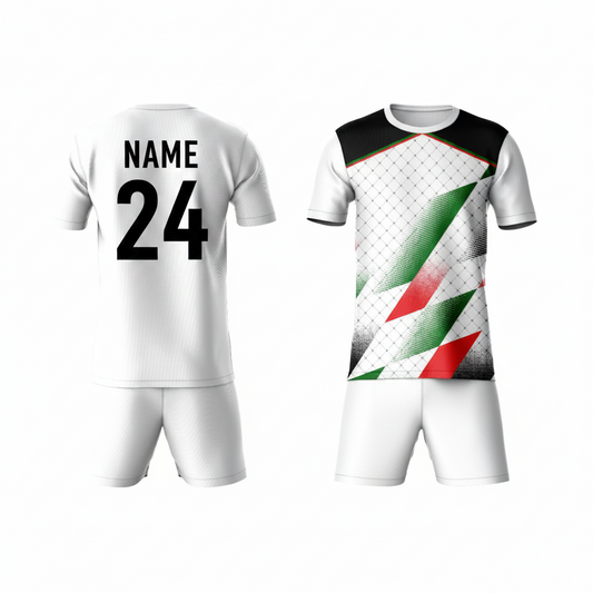 Black geometric pattern activewear t-shirt with white shorts back view