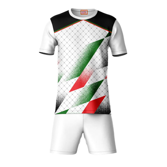 Black green red geometric pattern sports t-shirt with white shorts co-ord set front view
