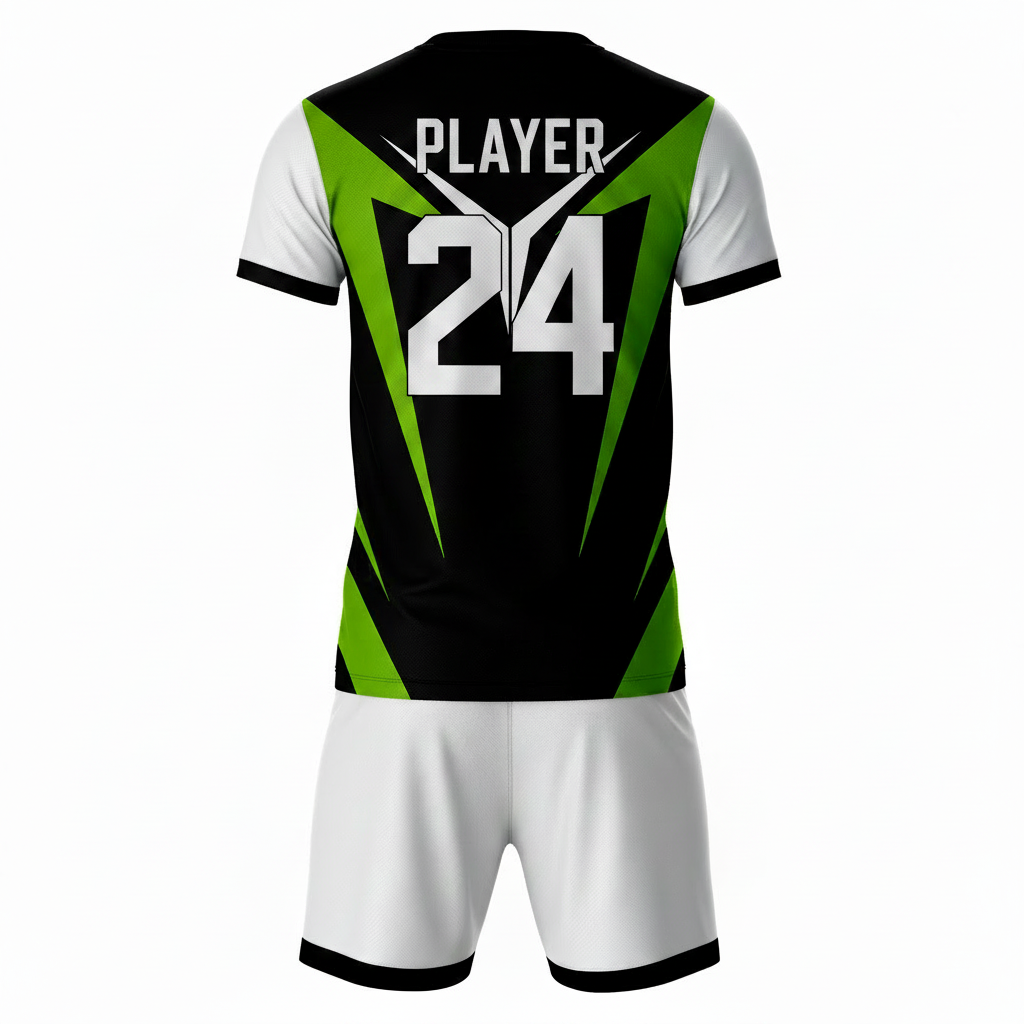 Black green athletic sports jersey with white shorts back side view