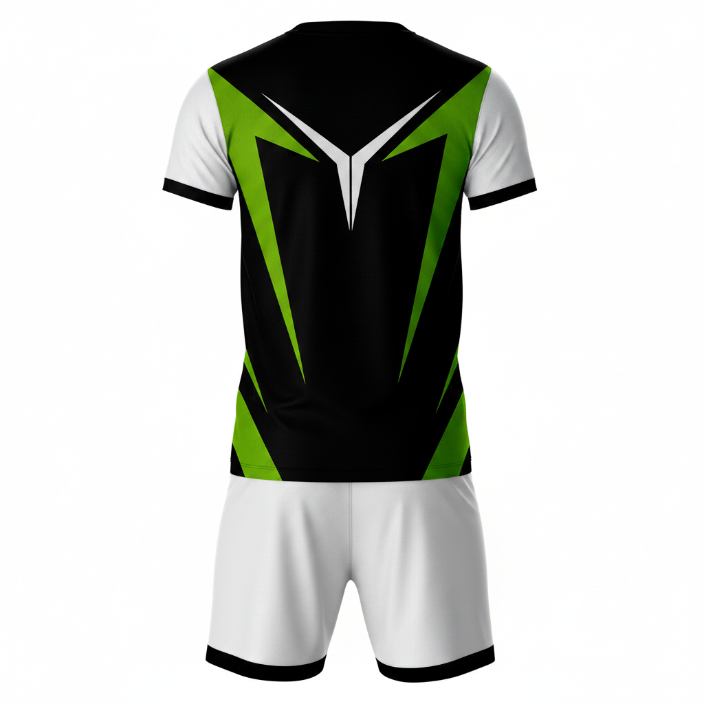 Premium black green sportswear jersey and white shorts set side angle view