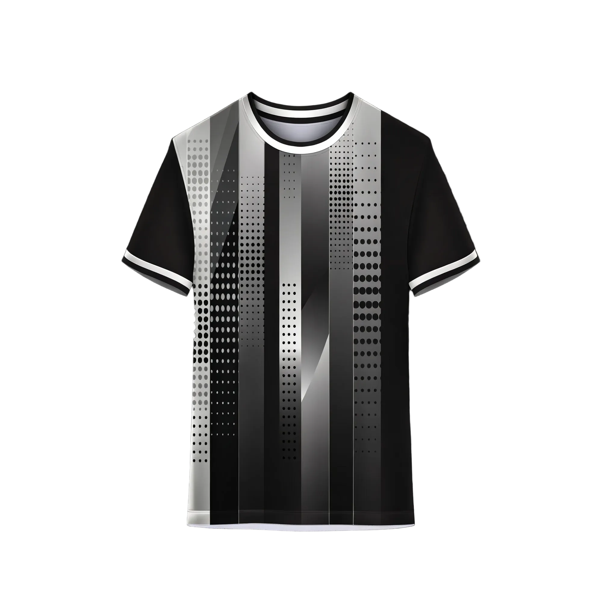 Black and grey sports t-shirt back design with vertical stripe and dotted pattern for custom sublimation team jersey printing by NextPrint India
