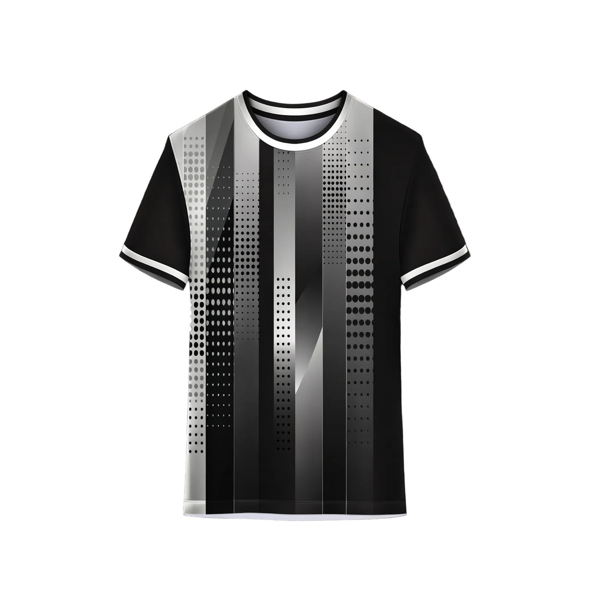 Black and grey sports t-shirt back design with vertical stripe and dotted pattern for custom sublimation team jersey printing by NextPrint India