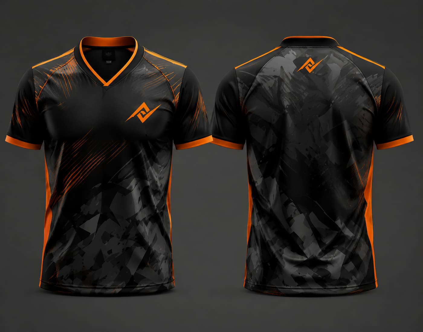 Front and back view of a black camouflage V-neck cricket jersey with orange accents, featuring an orange chest logo and back neck logo.