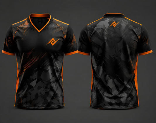 Front and back view of a black camouflage V-neck cricket jersey with orange accents, featuring an orange chest logo and back neck logo.