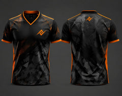 Front and back view of a black camouflage V-neck cricket jersey with orange accents, featuring an orange chest logo and back neck logo.