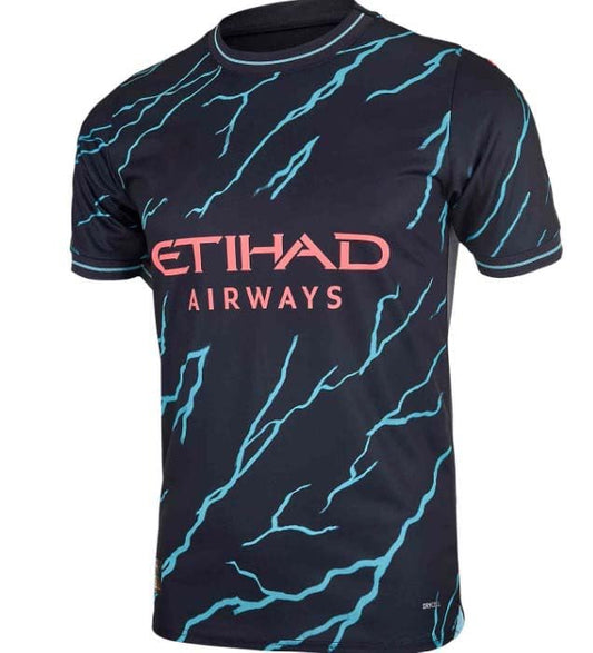 Front view of a black football jersey with an electric blue lightning pattern, round neck collar, and performance fit, ideal for soccer teams, training sessions, and match-day wear.