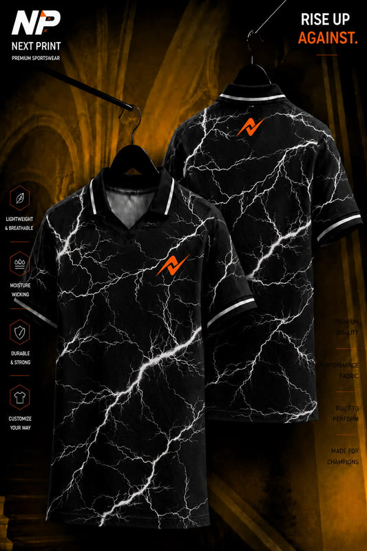Front and back view of a black polo sports jersey featuring white lightning graphics on premium dry-fit performance fabric.