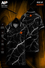 Front and back view of a black polo sports jersey featuring white lightning graphics on premium dry-fit performance fabric.
