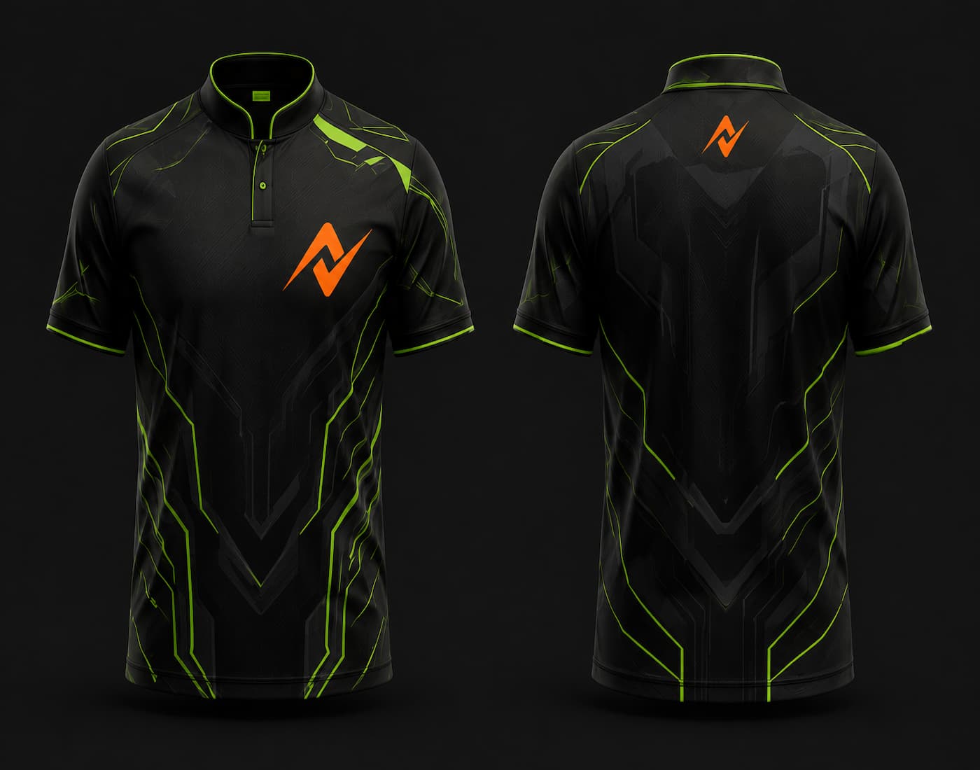 Front and back view of a black and neon green Chinese collar esports jersey featuring futuristic cyber line graphics with an orange chest logo and matching back neck logo.