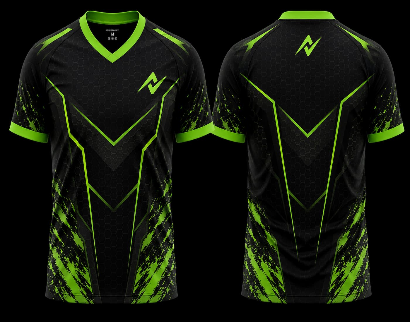 Black and neon green V-neck esports jersey featuring cyber hexagonal graphics with premium front and back sublimation gaming jersey design.