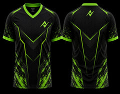 Black and neon green V-neck esports jersey featuring cyber hexagonal graphics with premium front and back sublimation gaming jersey design.