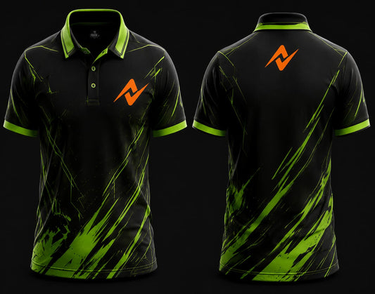 Black and neon green polo collar esports jersey featuring bold slash graphics, orange logo on the left chest, and matching logo below the back neckline, front and back mockup.