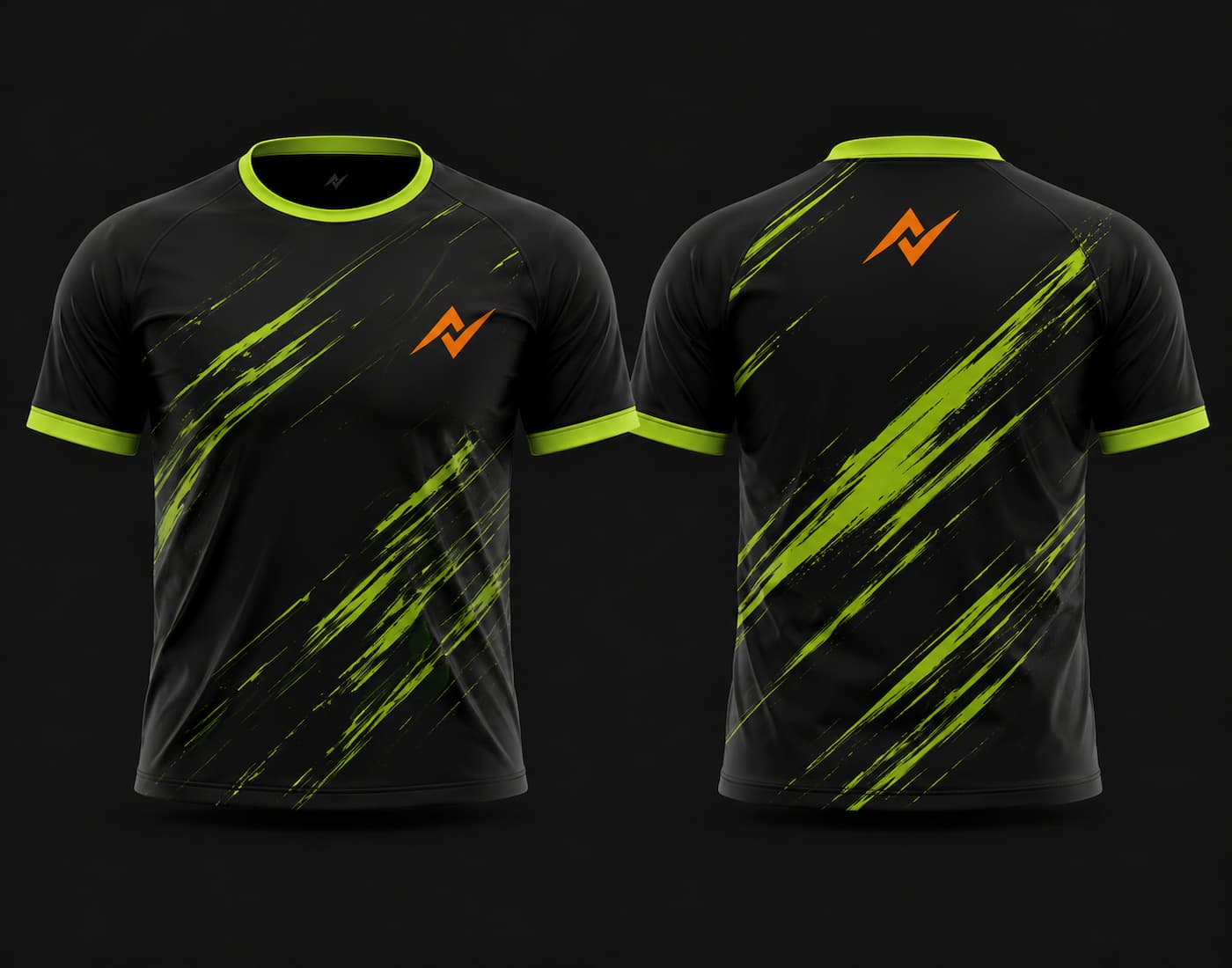 Front and back view of a black round neck cricket jersey featuring dynamic neon green slash graphics, neon green collar and sleeve cuffs, and orange chest and back logos.