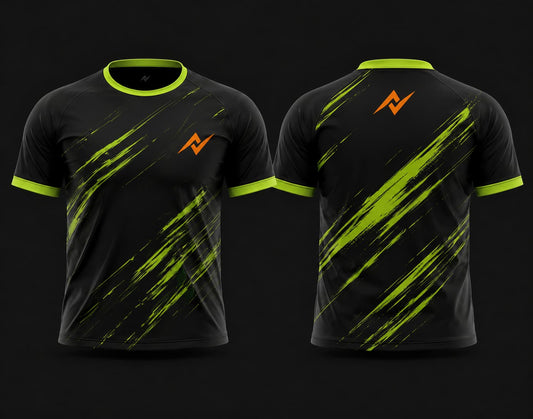 Front and back view of a black round neck cricket jersey featuring dynamic neon green slash graphics, neon green collar and sleeve cuffs, and orange chest and back logos.
