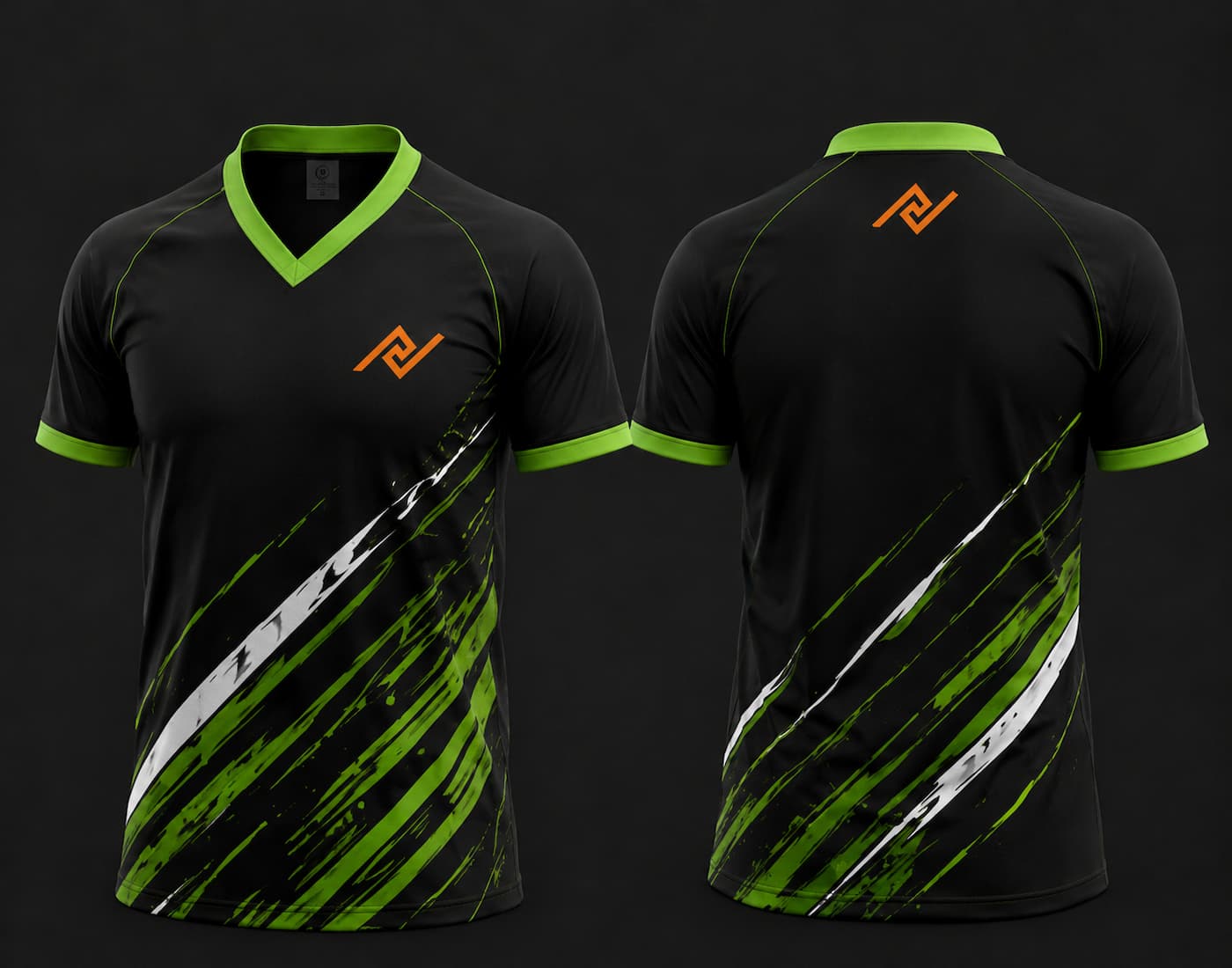 Front and back view of a black V-neck cricket jersey featuring neon green and white strike graphics with an orange logo on the left chest and below the back neckline.