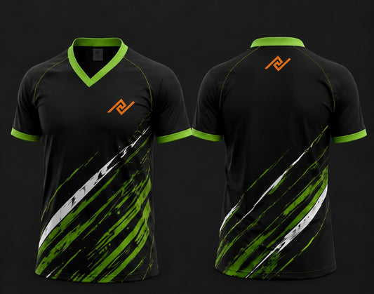 Front and back view of a black V-neck cricket jersey featuring neon green and white strike graphics with an orange logo on the left chest and below the back neckline.