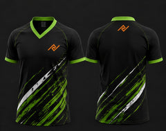 Front and back view of a black V-neck cricket jersey featuring neon green and white strike graphics with an orange logo on the left chest and below the back neckline.