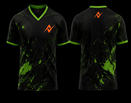 Front and back view of a black and neon green V-neck esports jersey featuring paint splash graphics with an orange logo on the chest and below the back neckline.