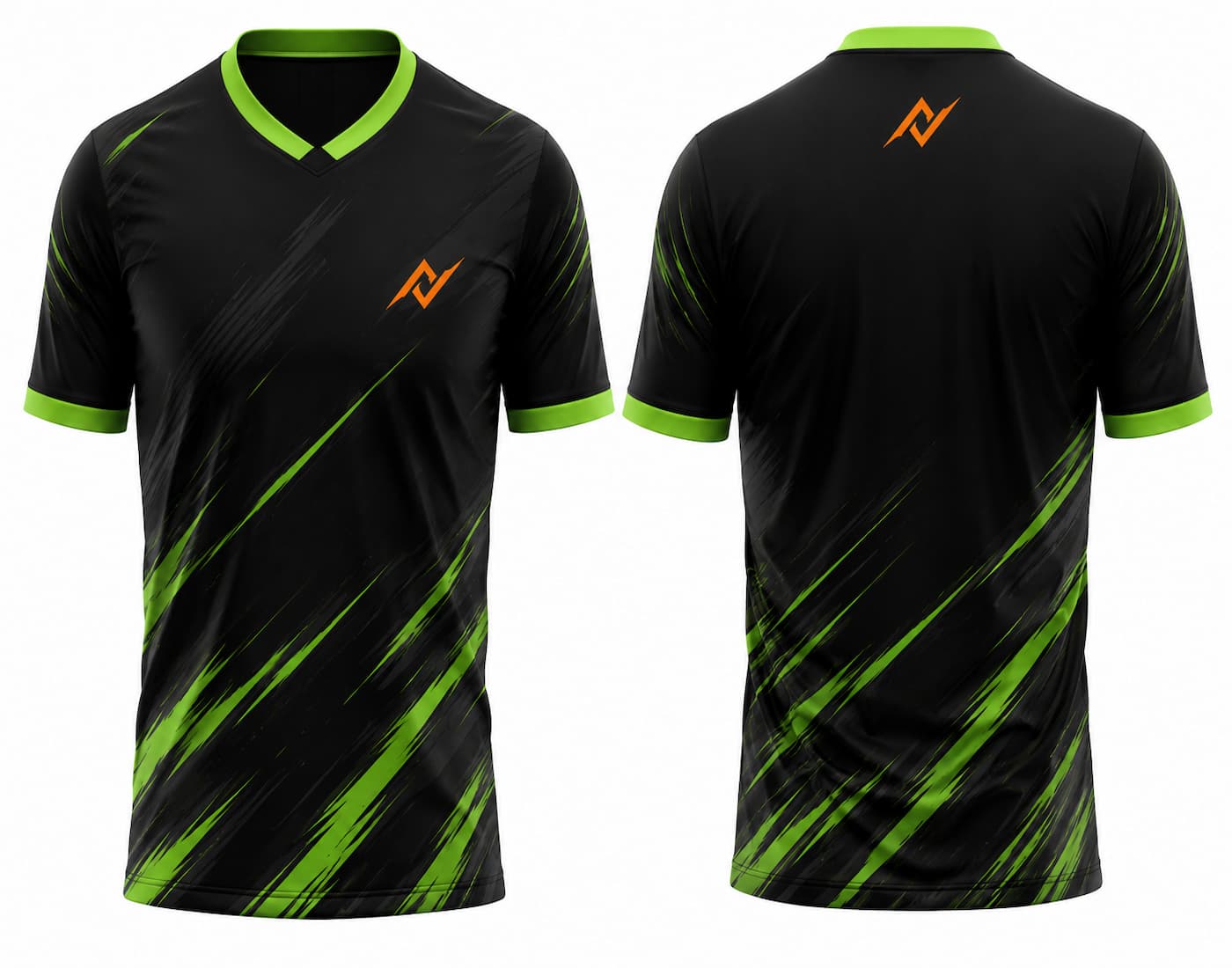 Front and back view of a black and neon green V-neck cricket jersey with dynamic brushstroke graphics and custom logo placement on the chest and below the back neckline.