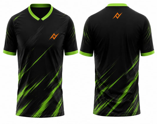 Front and back view of a black and neon green V-neck cricket jersey with dynamic brushstroke graphics and custom logo placement on the chest and below the back neckline.
