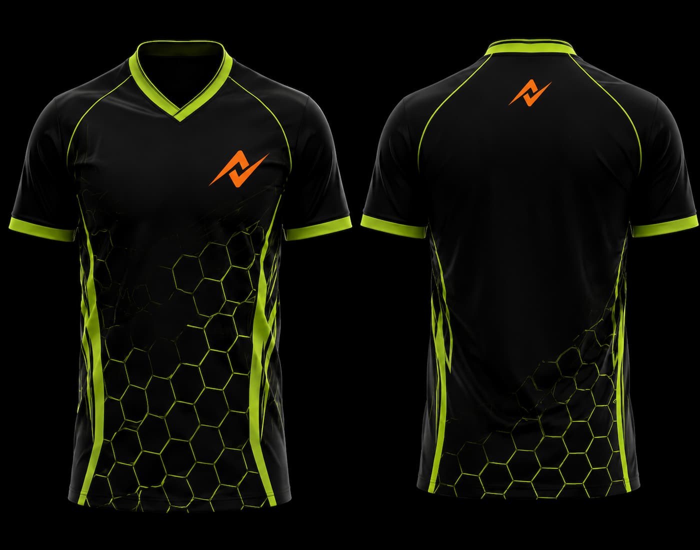 Front and back view of a black and neon lime V-neck cricket jersey featuring a hexagonal pattern with an orange chest logo and upper back logo.