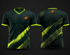 Front and back view of a black custom V-neck cricket jersey with neon lime brush-stroke graphics, custom chest logo, and back neck logo.