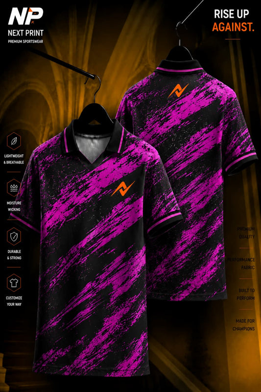 Front and back view of a black and neon magenta brushstroke polo sports jersey made from premium dry-fit performance fabric.