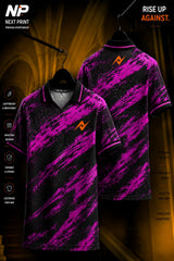 Front and back view of a black and neon magenta brushstroke polo sports jersey made from premium dry-fit performance fabric.