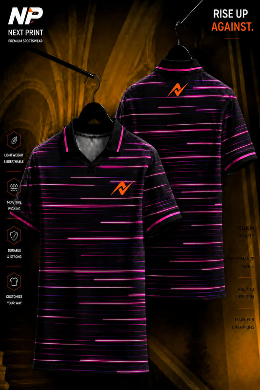 Front and back view of a black and neon pink speed lines polo sports jersey made from premium dry-fit performance fabric.