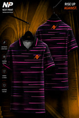 Front and back view of a black and neon pink speed lines polo sports jersey made from premium dry-fit performance fabric.
