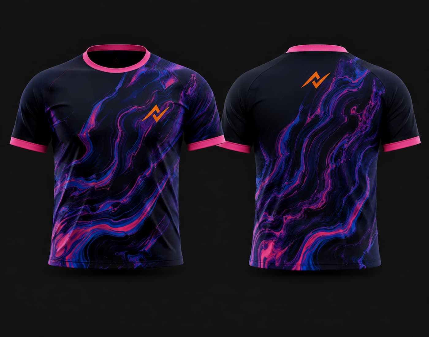 Front and back view of a black round neck cricket jersey featuring a vibrant purple, pink, and blue galaxy swirl design with orange chest and back logos.